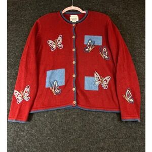 VTG Y2K Christopher & Banks Butterfly Cardigan Women Medium Red Hand Embroidered